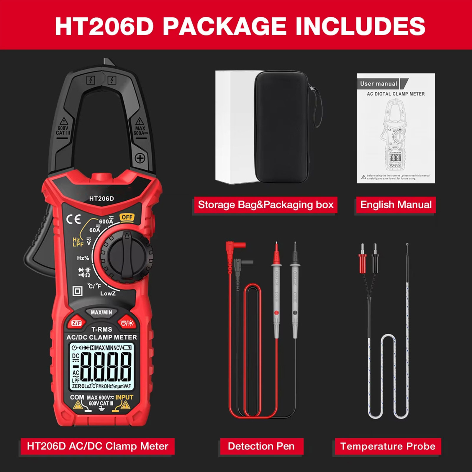 BIBABLYKE HT206D Portable Multifunction Clamp Meter NCV TRMS Flashlights Testing 6000 Count Multimeter with Detection Pen