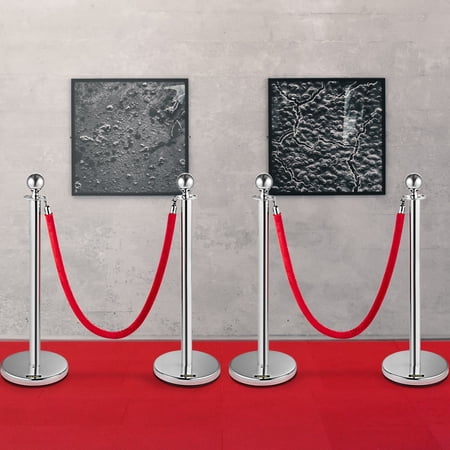 4PK Stainless Steel Stanchions with Red Velvet Ropes 38In Retractable Belt Barrier for Crowd Control Events & Parties – Durable Queue Line Posts (Silver)