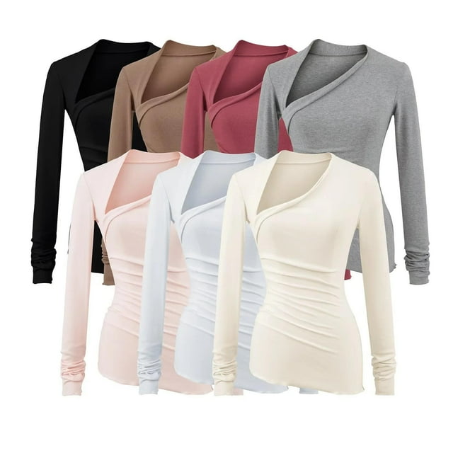 Sentmoon Women's Long Sleeve Tops Women's Clothes Fall and Winter Women's Solid Color Long Sleeved Irregular V-neck Base Shirt Top for Cold Weather and Everyday Wear Black M