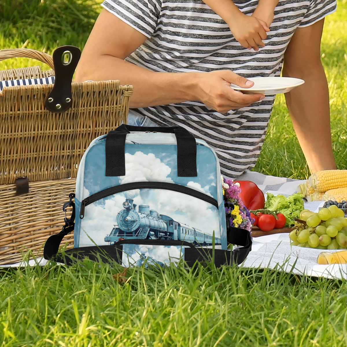 Herdesigns Steam Train Insulated Lunch Bag for Women Men Adults Large Reusable Lunch Box Leakproof Portable Cooler Tote Bags with Adjustable Shoulder Strap