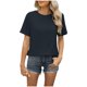 thumbnail image 1 of Camisetas de Manga Larga de las Mujeres de Color Sólido Botón Trasero Manga Corta Superior, Suelto Ajuste Casual Camiseta Diaria, 1 of 7