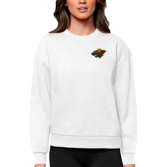 Women's Antigua White Minnesota Wild Primary Logo Victory Crewneck Pullover Sweatshirt
