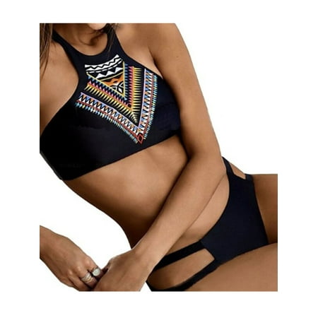 Embroidered Lined Bikini - Women's Printed High Neck Bikini Set Swimsuit, Wide Line Bottom, S
