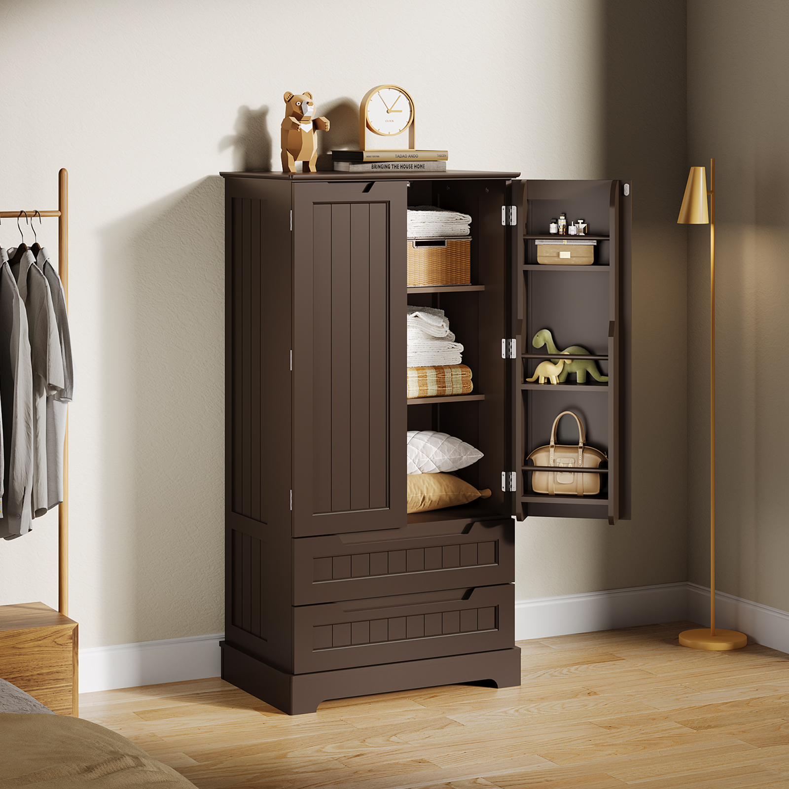 Pantry Storage Cabinet with 2 Drawers，Asofer 47" Kitchen Small Food Pantry Cabinet for Dining Room, Dark Brown