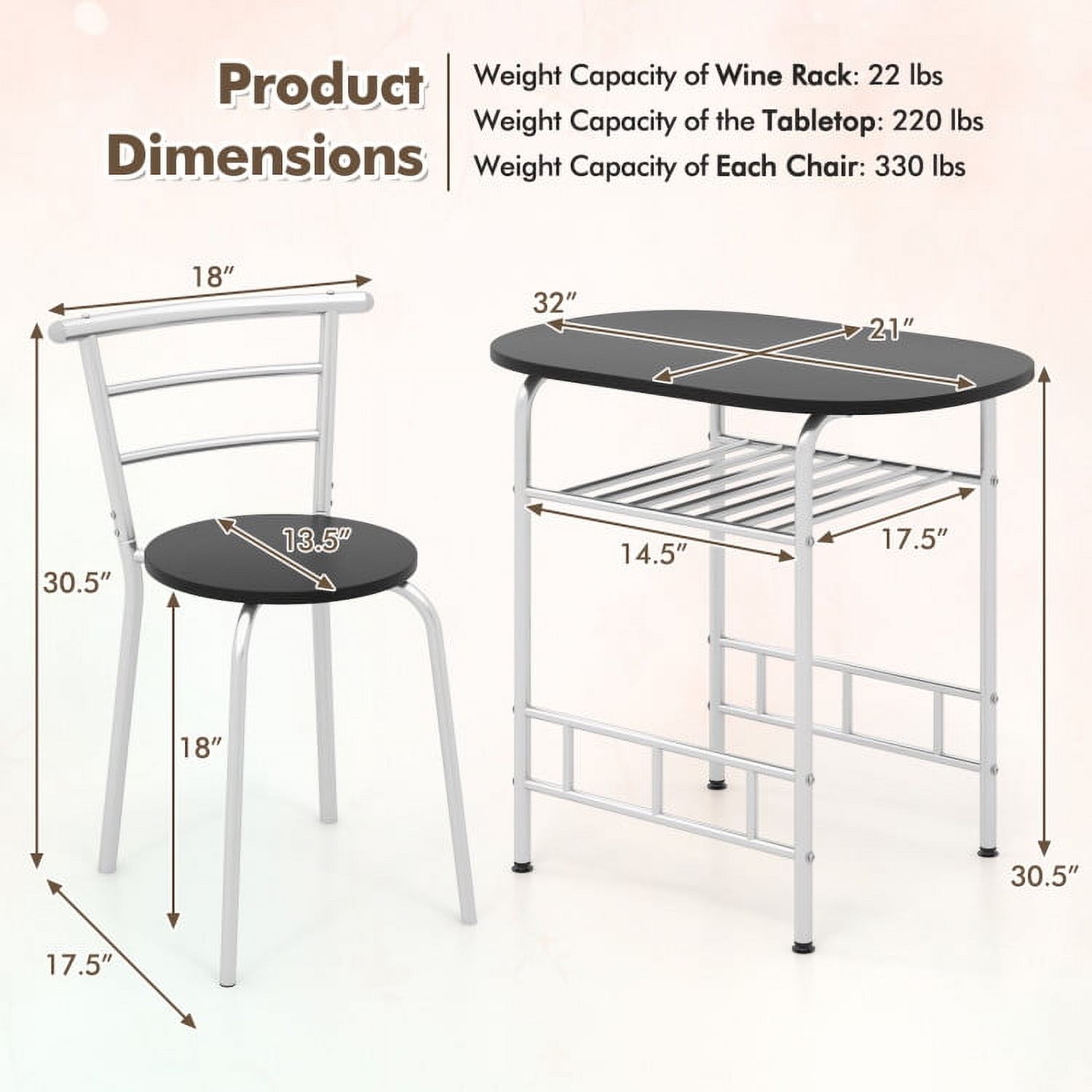 Demi Bonn Dining Set, Dining Table Set, 3 Pcs Home Kitchen Bistro Pub, for Home, Restaurant, Silver