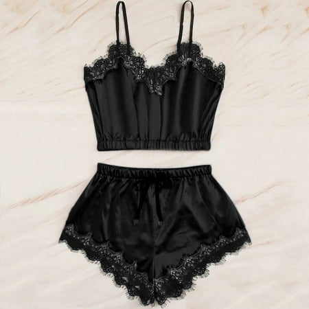 

Bessbest New Year Women Sleepwear Sleeveless Strap Nightwear Lace Trim Satin Cami Top Pajama Sets