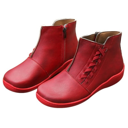 

Women Winter Snow Boots PU Leather Flat Lace up Round Toe Ankle Boots 41