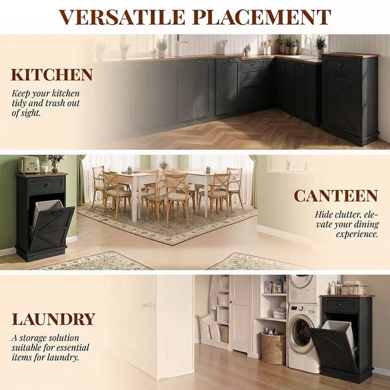 20''W Tilt Out Trash Can Storage Cabinet with A Drawer, Farmhouse Small Kitchen Island with 10-Gallon Trash Hidden Cabinet
