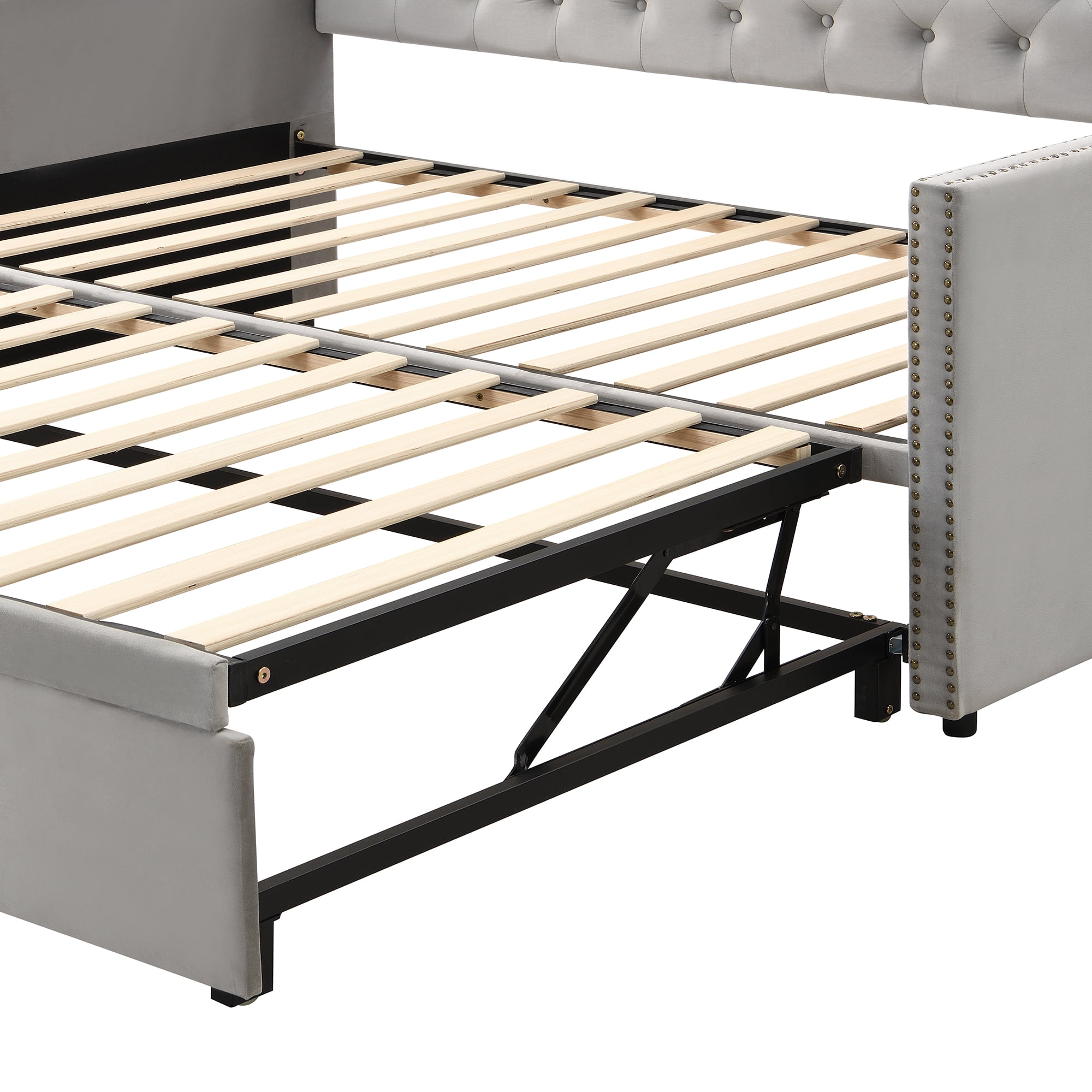 Aukfa Twin Daybed with Pop-Up Trundle, Velvet Upholstered Bed Frame with Button Tufted Back and Nailhead Trim, Space Saving Guest Bed for Kids Room/Living Room, Gray