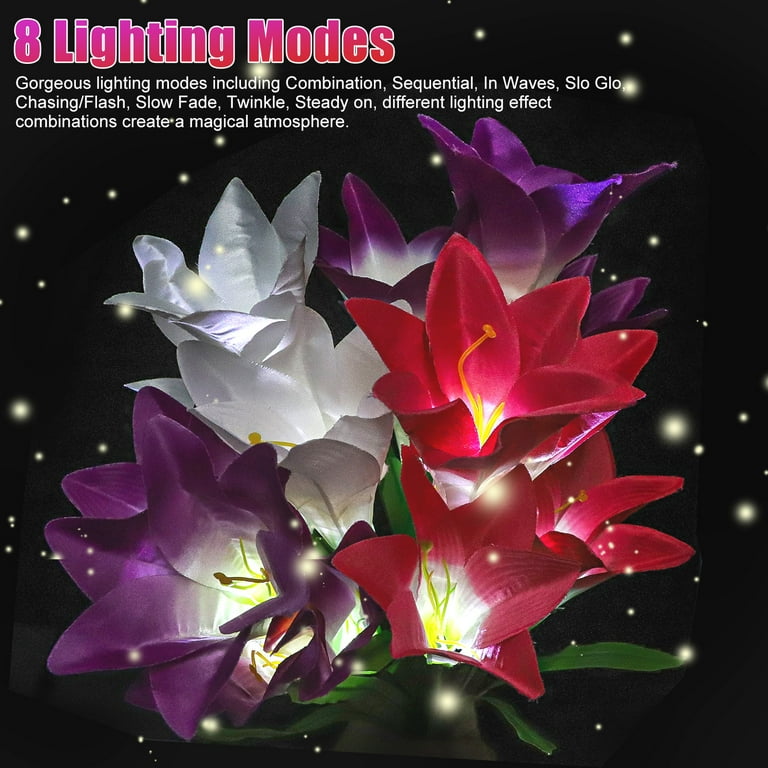 2 Pack Outdoor Solar Garden Stake Lights - TSV Solar Powered Lights with 8 Lily Flowers, Multi-Color Changing LED Solar Decorative Lights for Garden, Patio, Backyard Decorations (Purple and White) 2 Pack Outdoor Solar Garden Stake Lights - TSV Solar Powered Lights with 8 Lily Flowers, Multi-Color Changing LED Solar Decorative Lights for Garden, Patio, Backyard Decorations (Purple and White)