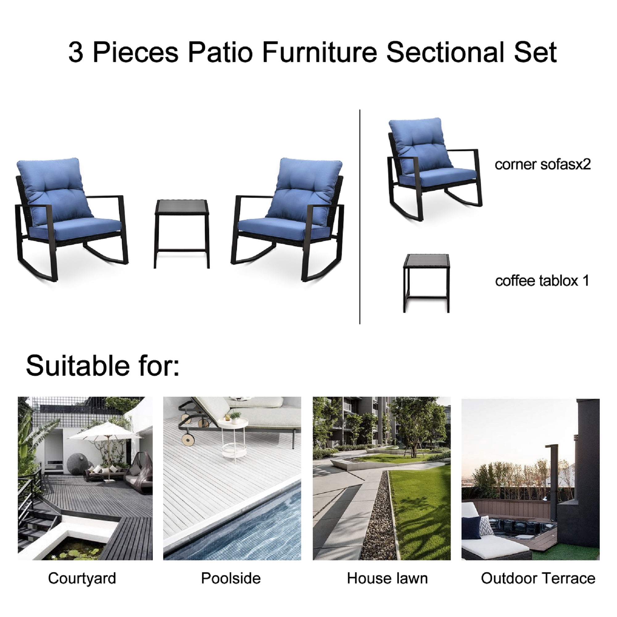 Leumius Patio Furniture Set,3 Pieces Outdoor Rocking Chairs Set with 2 Chairs & Side Table,Weather-Resistant Patio Furniture for Garden,Bistro,Porch,Blue