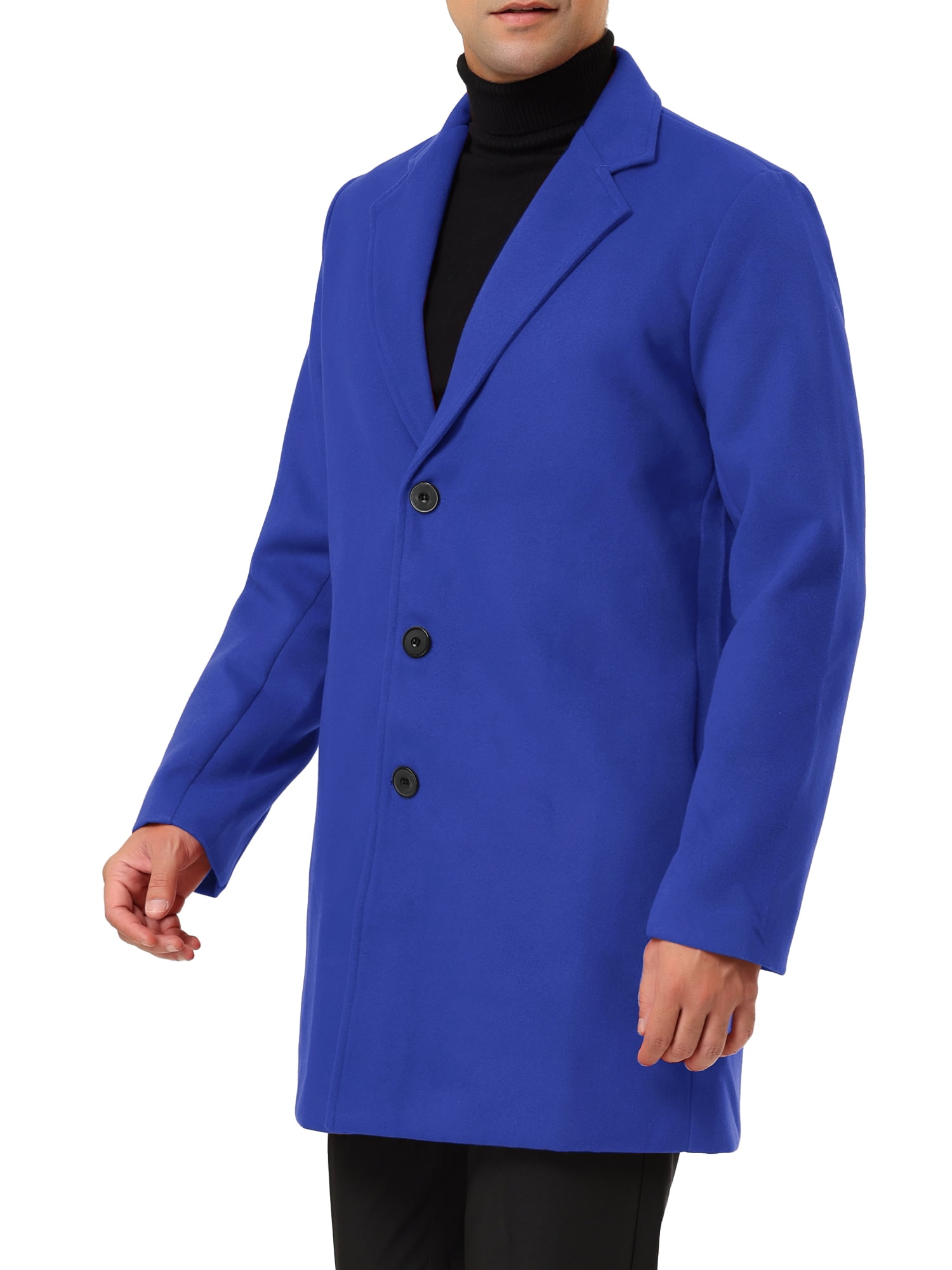 Unique Bargains Men's Slim Fit Notched Lapel Single Breasted Mid Length Overcoat M Blue
