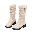 thumbnail image 2 of Kids Girls Buckle Decor Knee High Boots, Ruched Long Shaft Non Slip Low Heel Footwear, Stylish Casual Boots for Fall Winter 11 Little Kids, 2 of 7