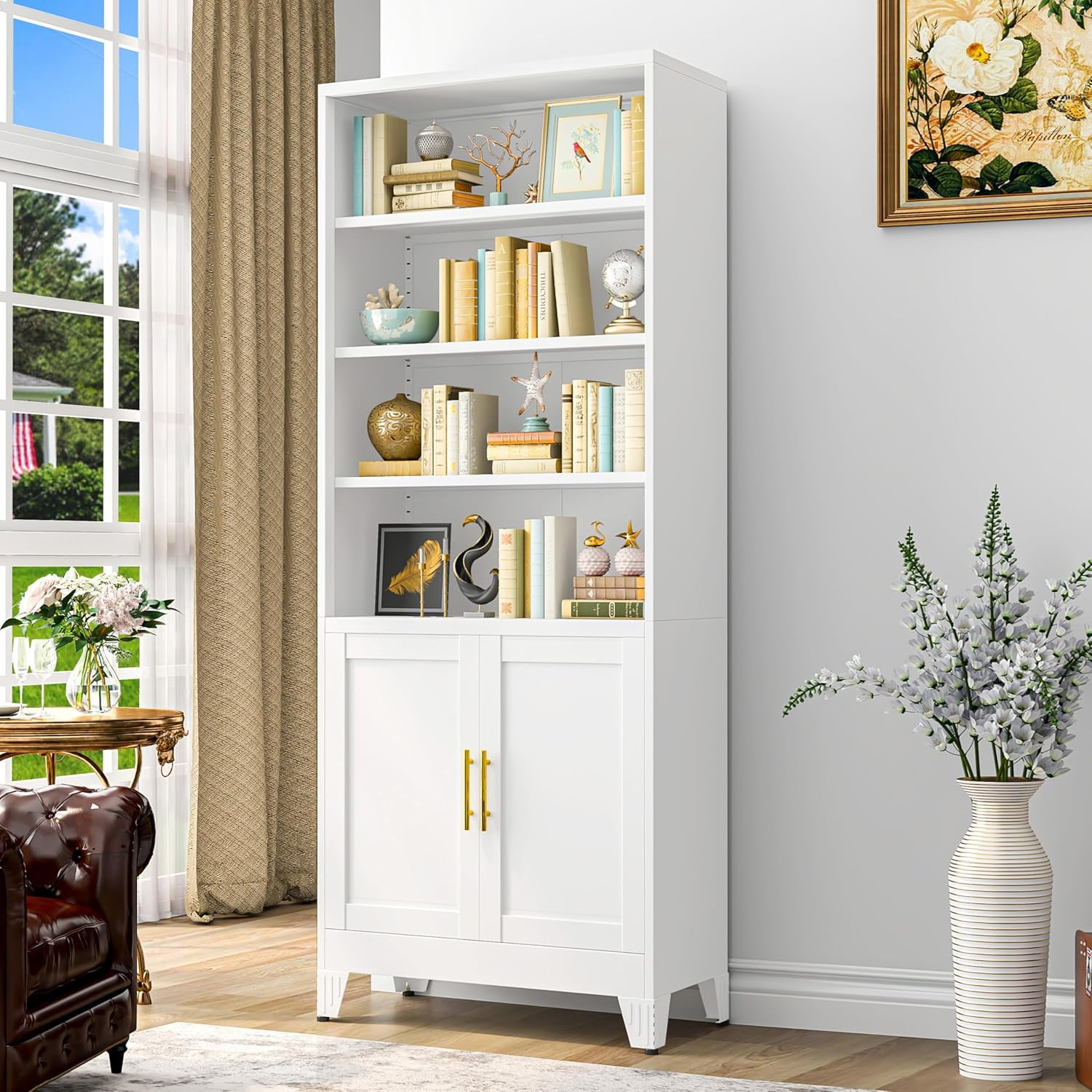71"H Tall Metal Bookcase/Bookshelf with Doors And 4 Adjustable Shelves for Storage