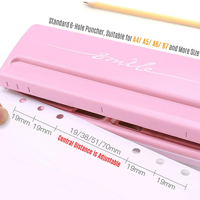 Tomshine Adjustable 6-Hole Desktop Punch Puncher for A4 A5 A6 B7 Dairy Planner Organizer Six Ring Binder with 6 Sheet Capacity, Pink