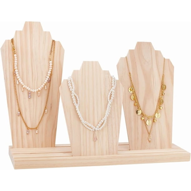 Exhibidores de collares de madera con soporte de 3 filas y 3 exhibidores extraíbles. Soporte de almacenamiento de collares de tablón de madera. Caballete de busto. Exhibidor de joyas.