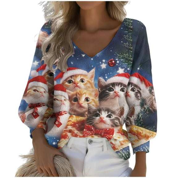Christmas Tops for Women Long Sleeve Holiday Graphic V Neck Pullover Tunic Shirts Multicolor 3XL