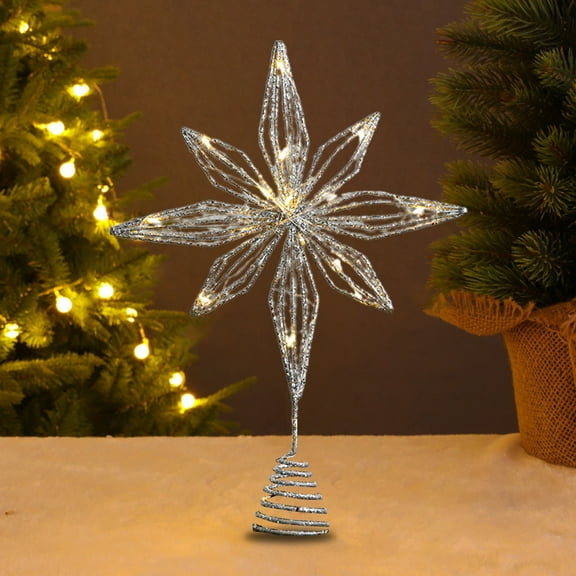 Snowflake LED Christmas Tree Topper, 11 Inch Silver Metal Star with Built-in Lights - Battery Powered 3D Hollow Tree Top Decoration Silver