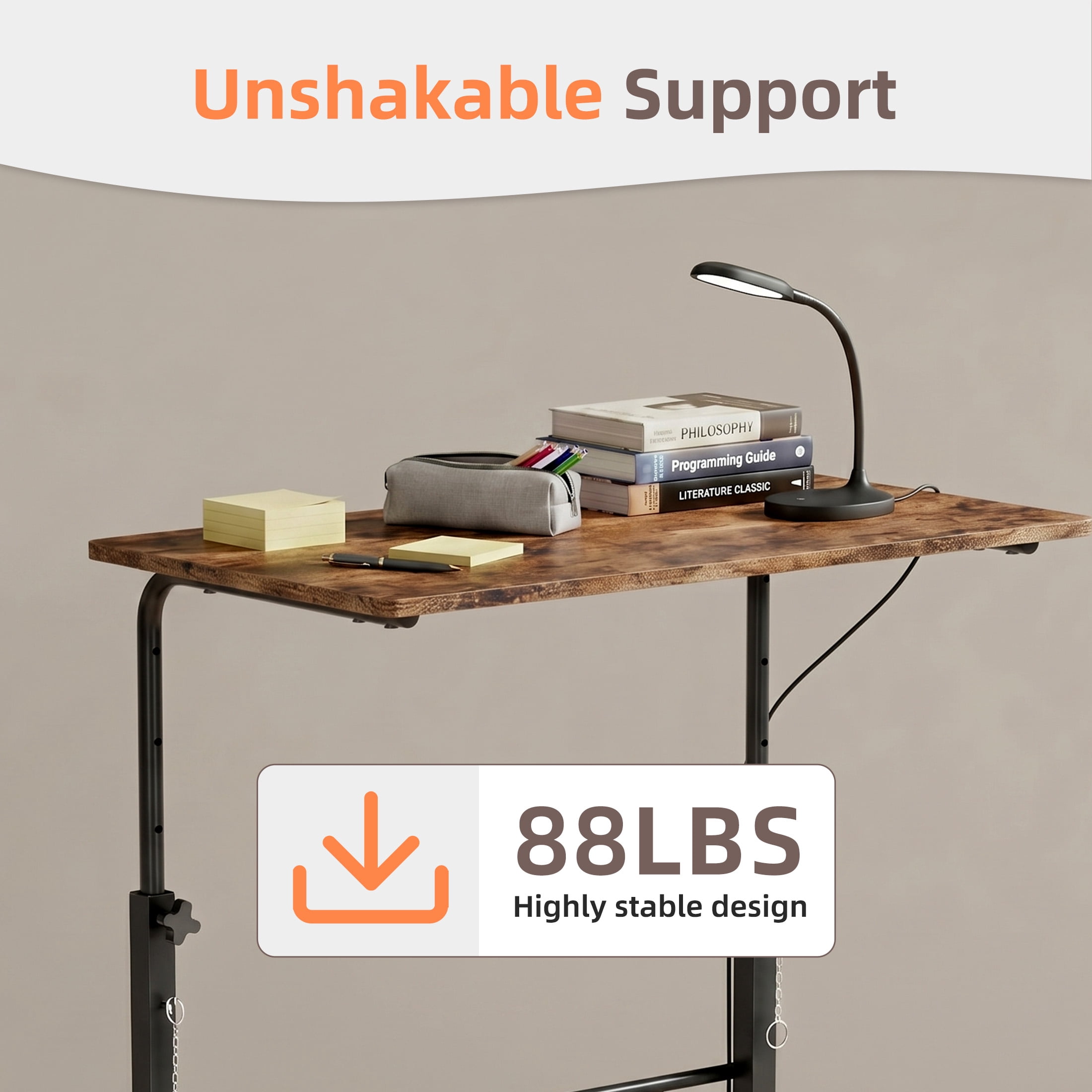 CONCETTA Adjustable Height Mobile Standing Desk with Wheels, 16"x31.5" Small Rolling Computer Desk for Home Office, Rust