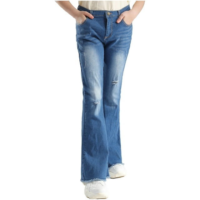 Kvysinly Girls Jeans Ripped Zipper Closure Bell Bottom Denim Pants for Kids Flare Leggings Blue 4