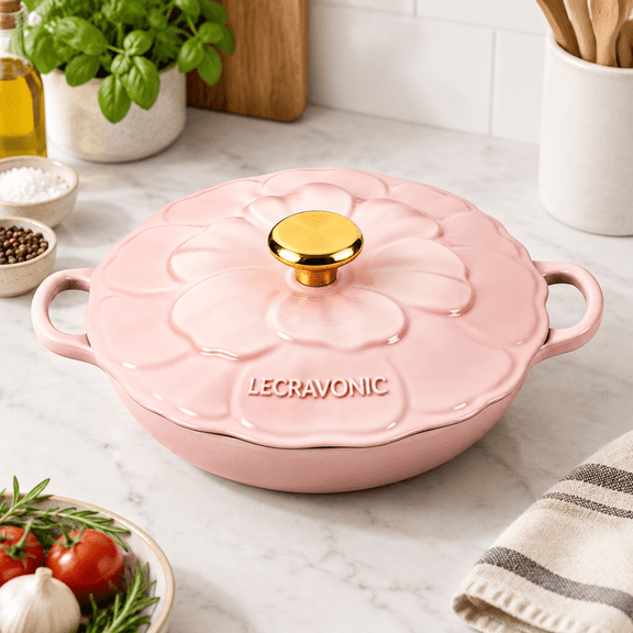 3 Quart Enameled Cast Iron Dutch Oven Braiser Pan with Lid, Pink