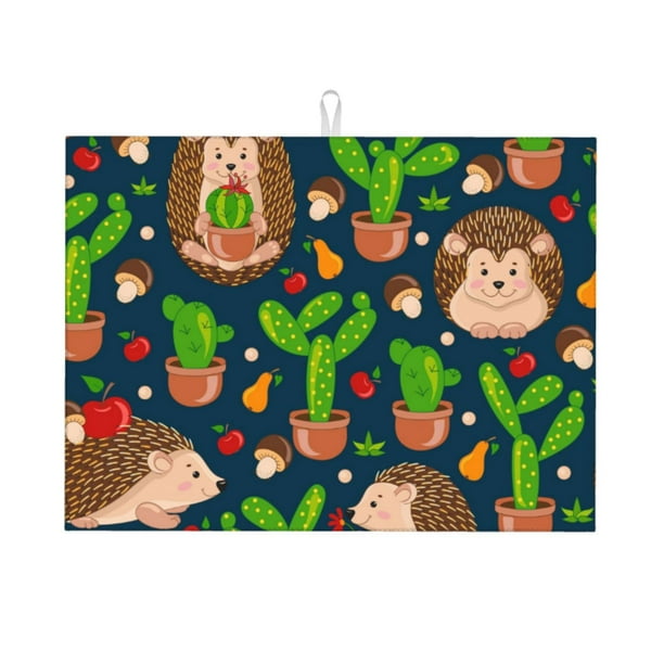 Fotbe Cute Hedgehogs Cactus Blue Alfombrilla de Secado para Cocina con Estampado, 18x24 Pulgadas