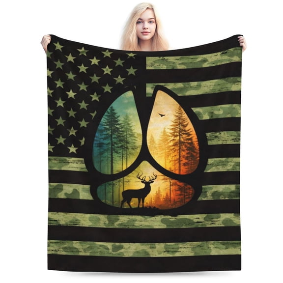 American Flag Deer Paw Print Throw Blanket, Hunting Outdoor Camo Fleece Blanket, Soft Warm Decorative Blanket for Sofa Bed Couch, Adult Home Decor 50x40