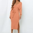 thumbnail image 3 of Arnsht Women's V Neck Long Batwing Sleeve Wrap Midi Knit Sweater Dress Elegant Backless with Belt Slit Orange XL, 3 of 8