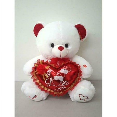 Cute White Stuffed Teddy Bear with Voice " I love you " , Kissing Sound Holding I Love You Heart Pillow 14 Inches Soft