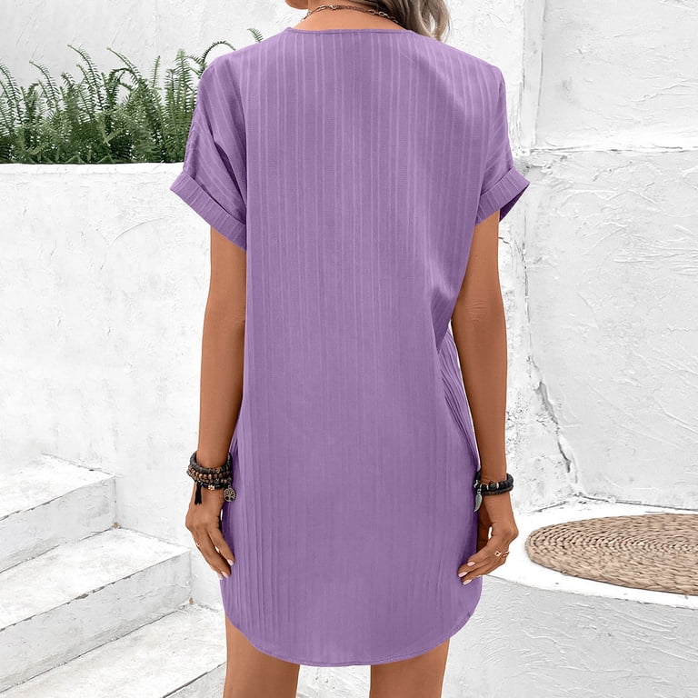 Ygbgbb Summer Dresses for Women 2026 Work T Shirt Dress A Line Mini Dress  Casual Button V Neck Short Sleeve Tunic Tops Purple XL - Walmart.com
