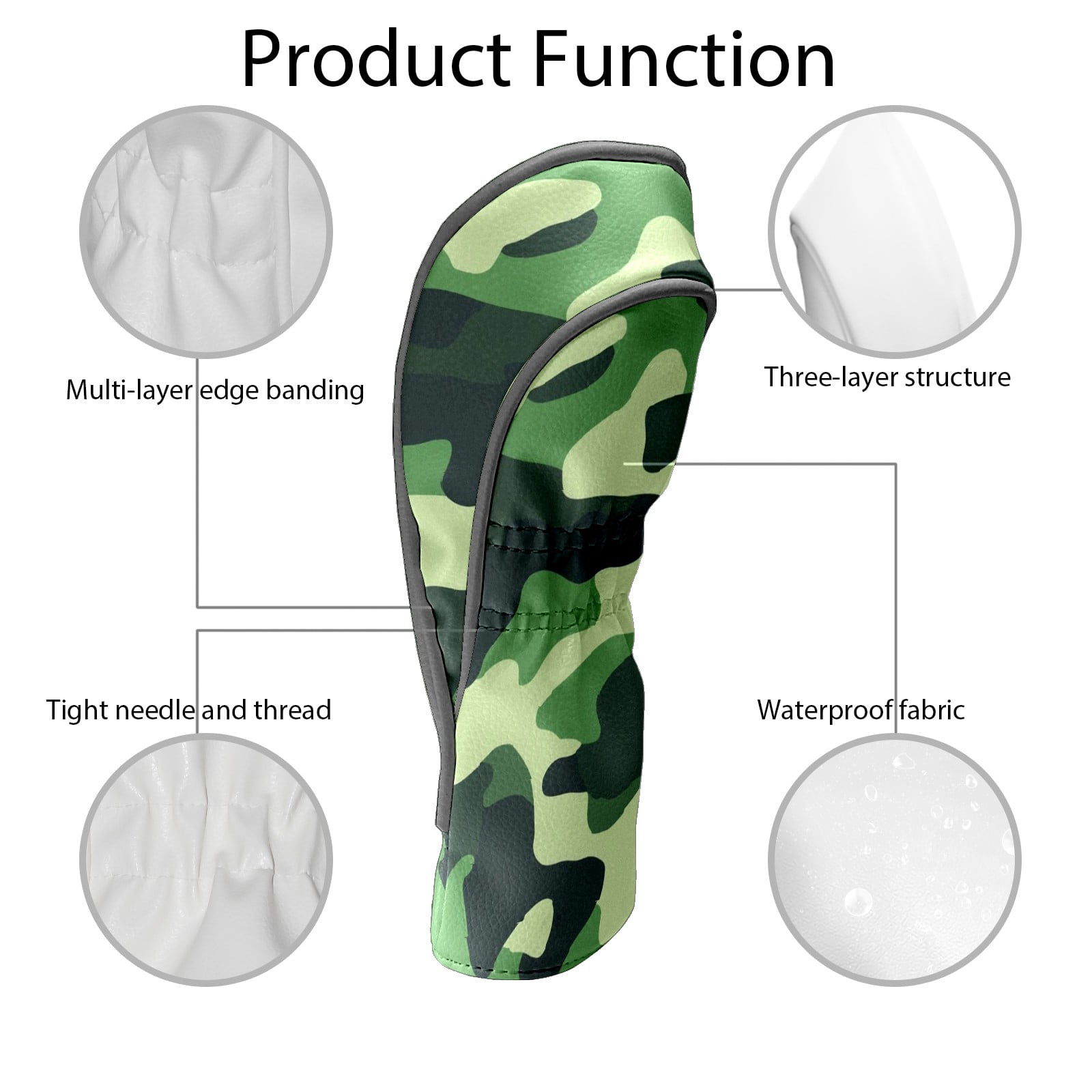 Golf Club Covers PU Leather Waterproof Head Covers for Fairway Woods Hybrids Green Camouflage Unisex Fits Most Brands