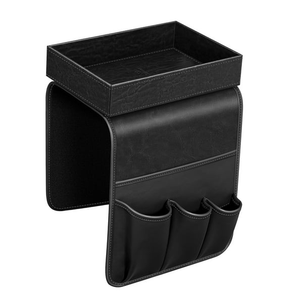 SITHON Sofa Remote Control Holder with Detachable Tray - [Non Slip] PU Leather Chair Couch Armrest Organizer Caddy with 5 Pockets for Magazines Phone iPad TV Remote Game Controller Eyeglasses, Black