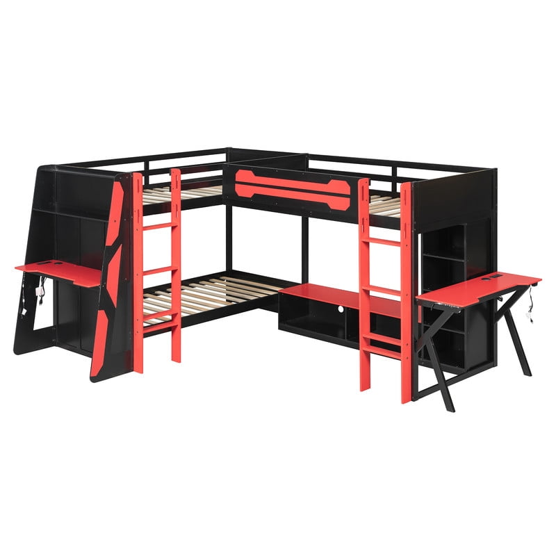 L-Shaped Twin Size Gaming Bunk Bed with RGB LED Lights, 3 Twin Beds, USB Ports, TV Stand & Storage Shelves, Reversible Wooden Bunk Bed Frame for Teens & Adults