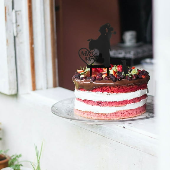 MLINS Charming Vintage Wedding Cake Topper Bride and Groom with Dog in Black Acrylic for Engagement and Celebration 5.5 Inches