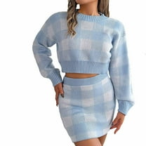 Annhoo Skirt Sets Women 2 Piece Knit Plaid Sweater Outfits Round Neck Long Sleeve Crop Tops and Mini Skirts Fall Outfits