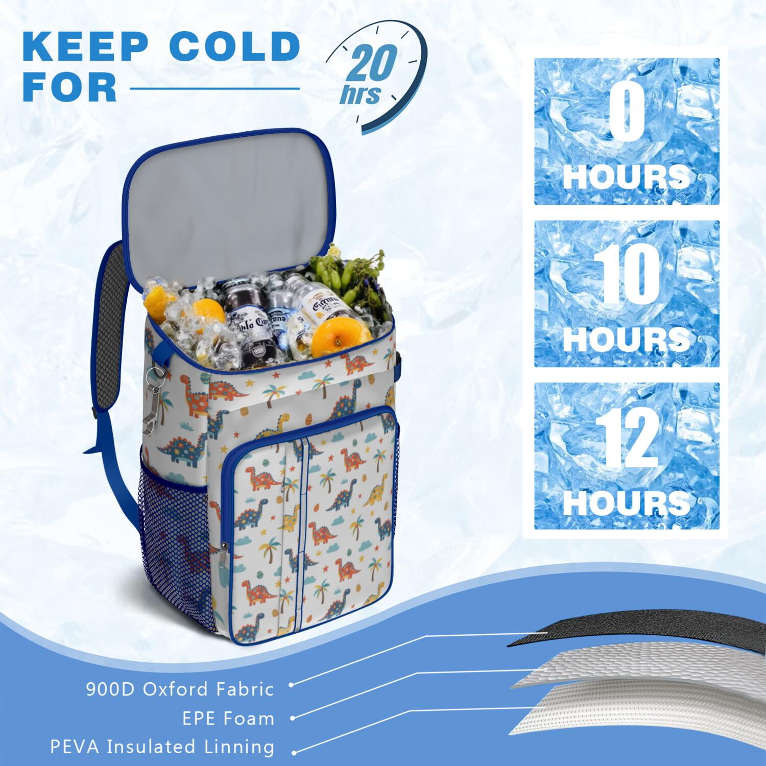 Travel Cooler Bag - White Dinosaurs Palms Stars Pattern Camping Beer Cooler Backpack with Bottle Opener- Waterproof Insulated Picnic Backpacks - Cooler Bag for Beach