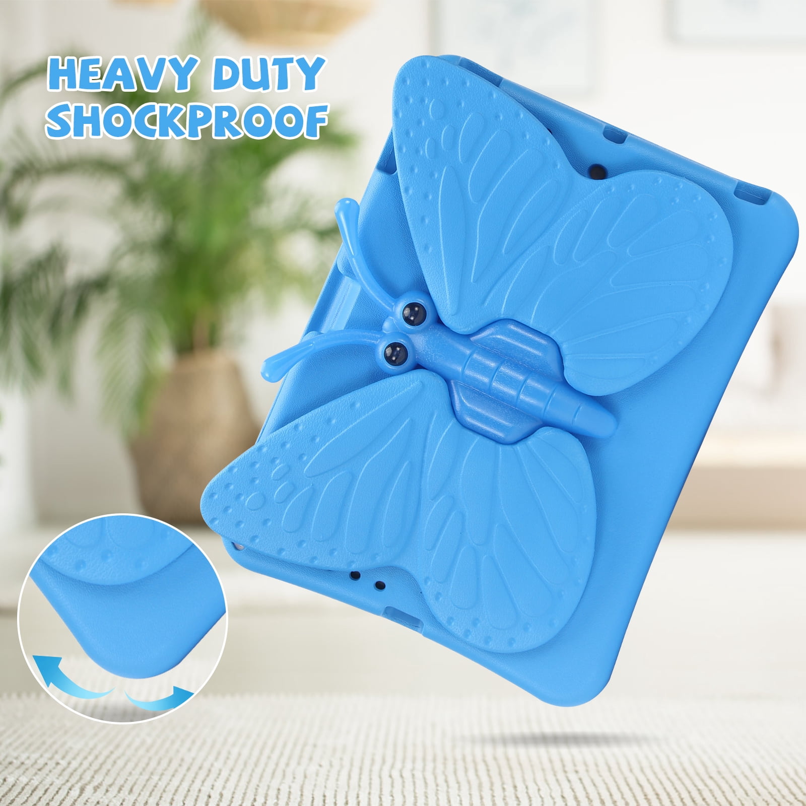 Kids Case for Apple iPad 9th 8th 7th Generation 2021/2020/2019 10.2 Inch, iPad Air 3rd Gen 10.5" Case, Cute Butterfly Rotating Stand Lightweight Kids Friendly Shockproof Case with Pencil Holder,Blue