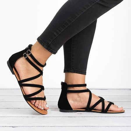 

BRISEZZS Womens Flat Sandals- Casual Solid Thin Straps Clip-Toe Cross Strap Open Toe Summer Sandals #562 Black