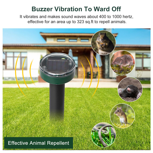 Ultrasonic Solar Mole Repeller, Vibration Rodent Deterrent with Buzzer Sound Wave, Waterproof Outdoor Pest Repellent for Moles Gophers Voles, 323 Sq.ft Coverage for Yard Garden Farm