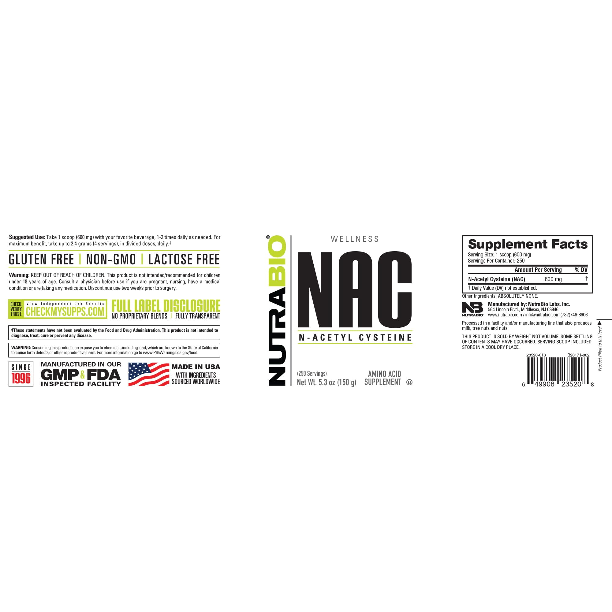 NutraBio N-Acetyl Cysteine Supplement (NAC) - 150 Grams Powder, 600mg Serving - Powerful Anti-Oxidant - Immune Support - No Fillers - Non-GMO - Gluten Free