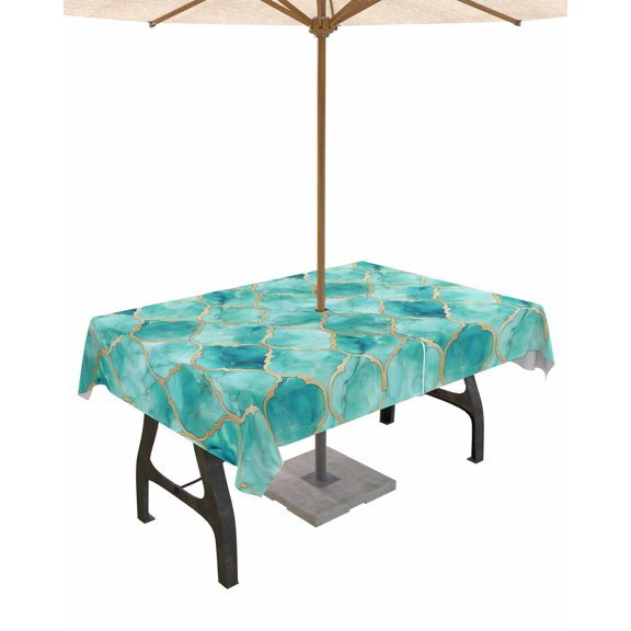 Fsddascl Teal Geometric Outdoor Tablecloth - 52x70 Inch Rectangle Dining Table Cover, Modern Morocco Abstract Art Waterproof Outdoor Table Cloth with Umbrella Hole & Zipper for Picnic/Patio/Party