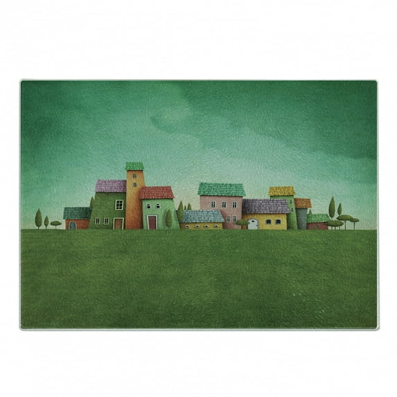 Mural Cutting Board, Village of Abstract Shaped Colorful Housesnd Bushy Trees on Greenery Grass Field, Decorative Tempered Glass Cutting and Serving Board, Small Size, Multicolor, by Ambesonne