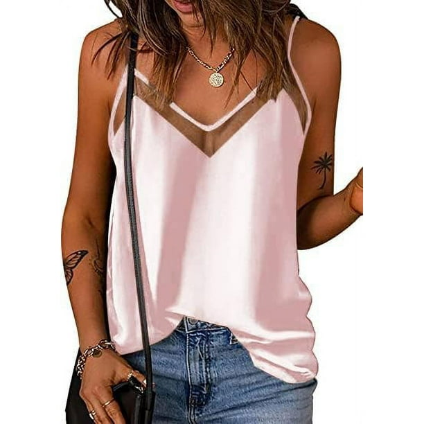 Satin Mesh V Neck Tank Top Women Cami Top Silk Camisole Casual Blouse（large）