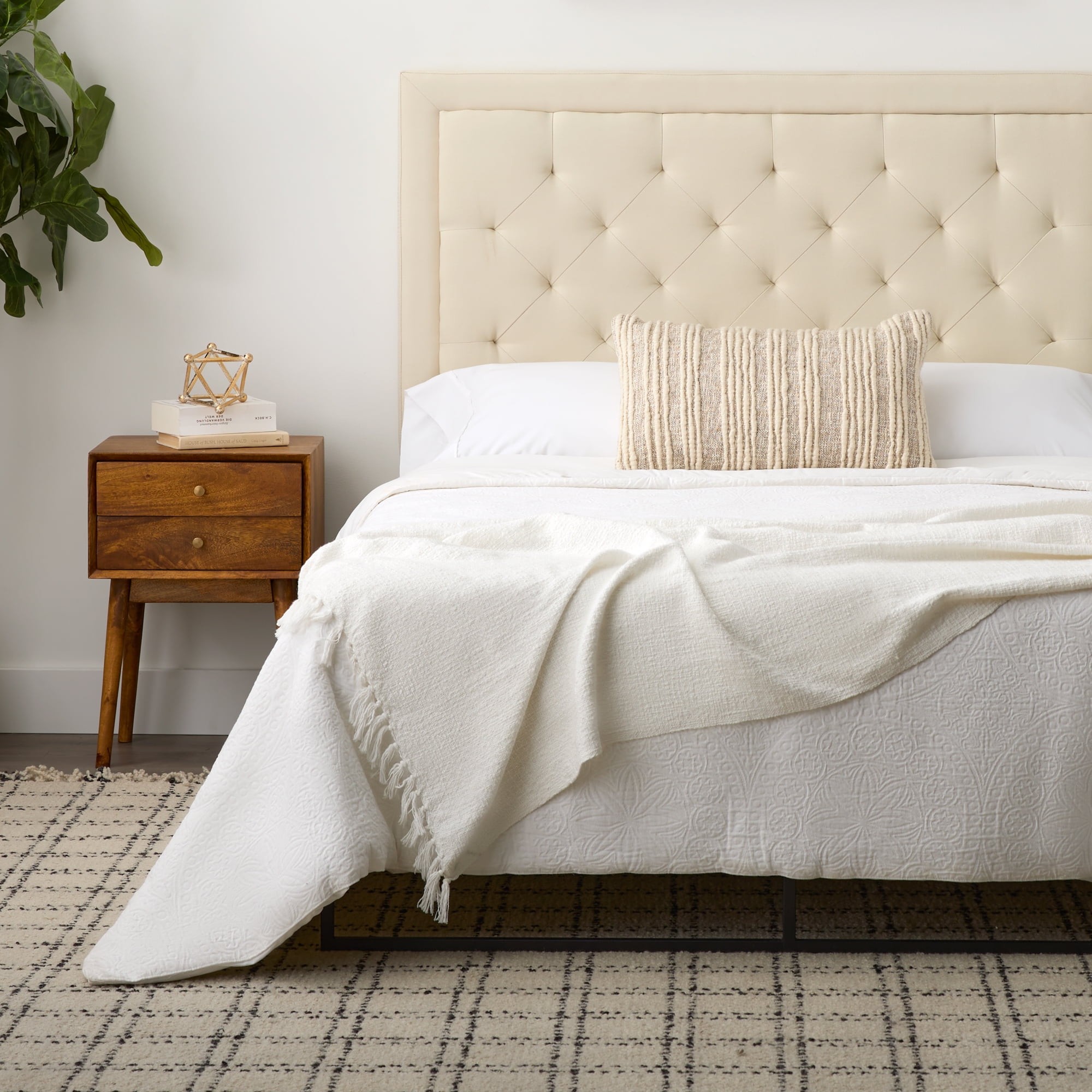 Rest Haven Medford Rectangle Upholstered Headboard with Diamond Tufting, King, Cream