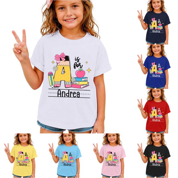 XFeng Girls Crew Neck Short Sleeve T-Shirt, Custom Initial Name School Book Pencil Graphic Casual Back To School Kid Tee