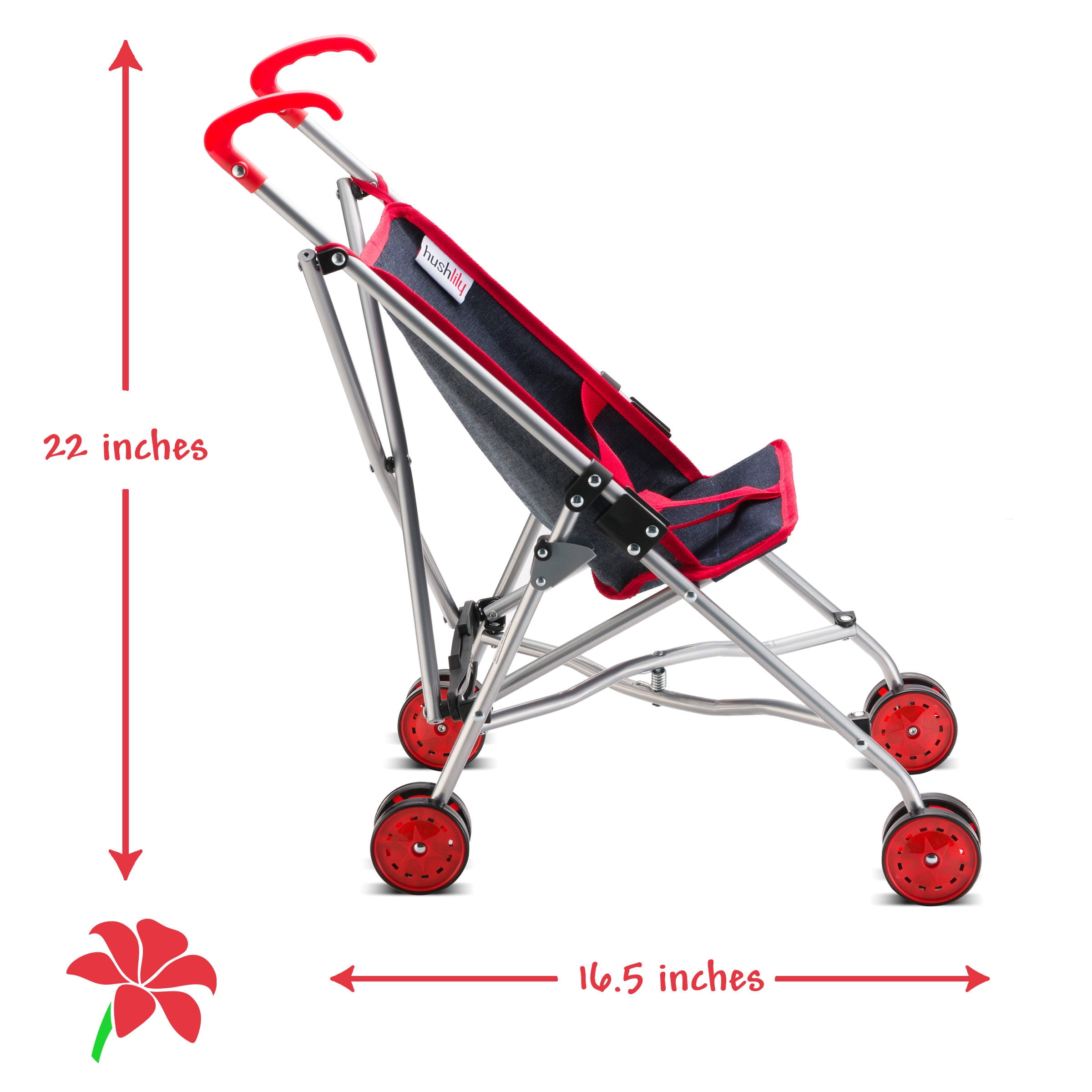 HUSHLILY - Baby Doll Stroller, Light Weight Foldable, with Smooth Rolling Wheels - Denim Blue & Red