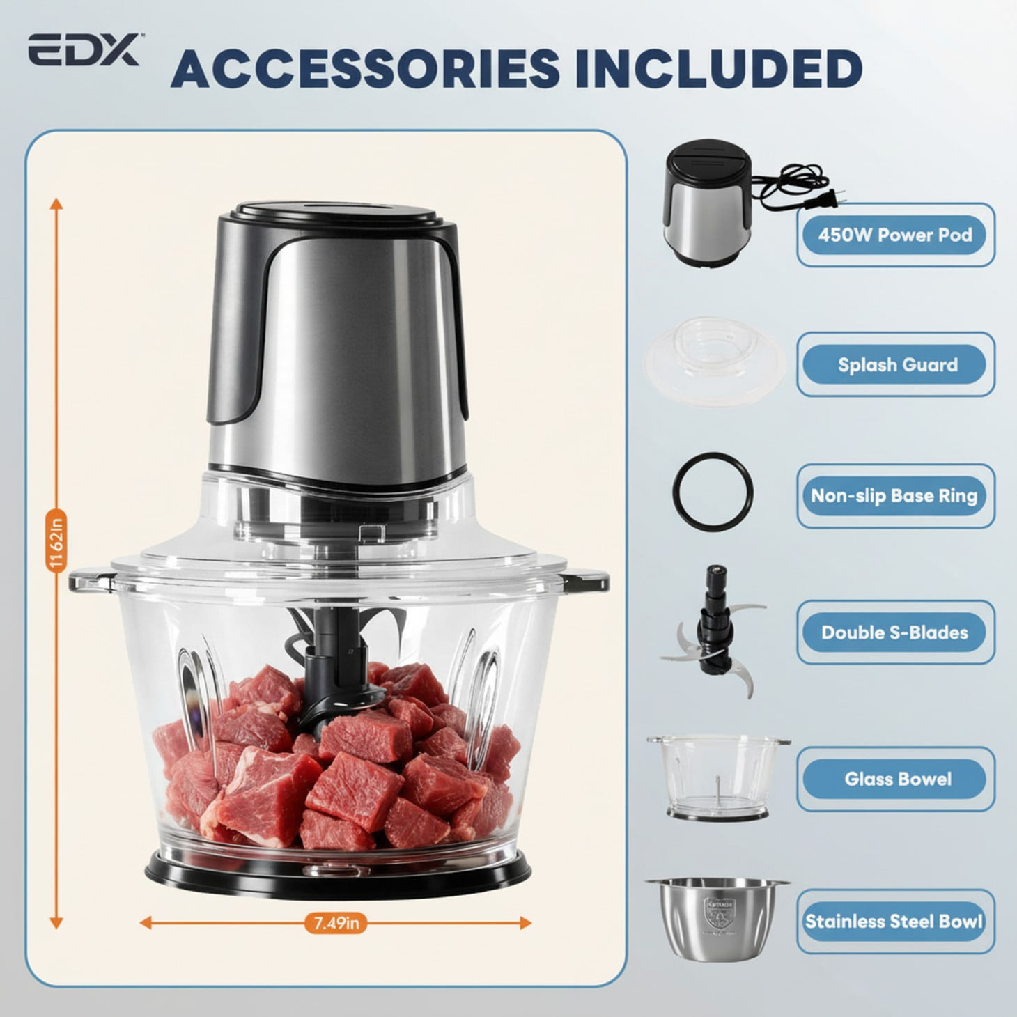 EDX 450W Electric Meat Grinder & Food Chopper, 2L Dual 8-Cup Bowls, 2-Speed Stainless Steel Processor
