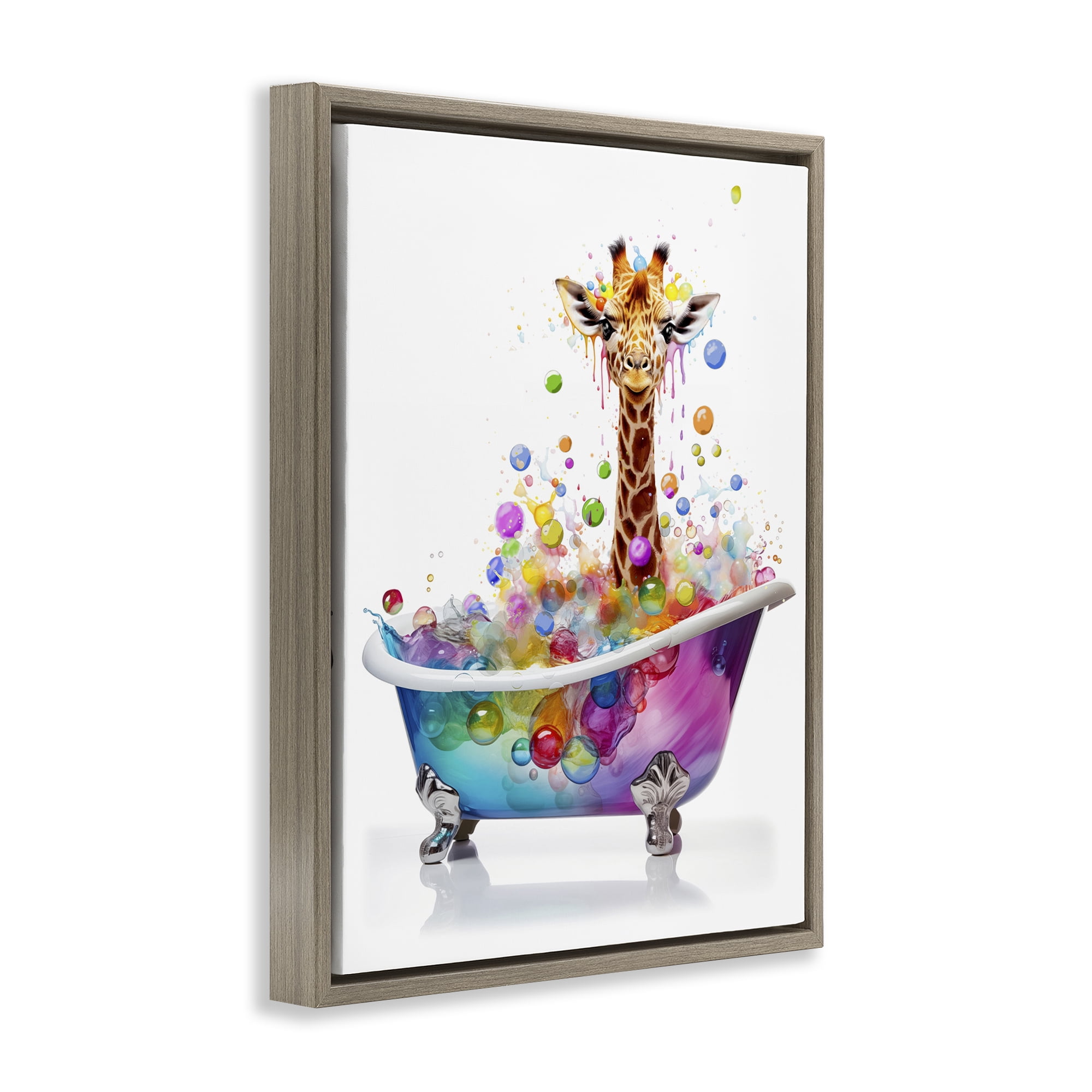 Stupell Industries Rainbow Bubble Bath Giraffe Bath & Laundry Painting Brown Floater Framed Canvas Art Print Wall Art, 25 x 31