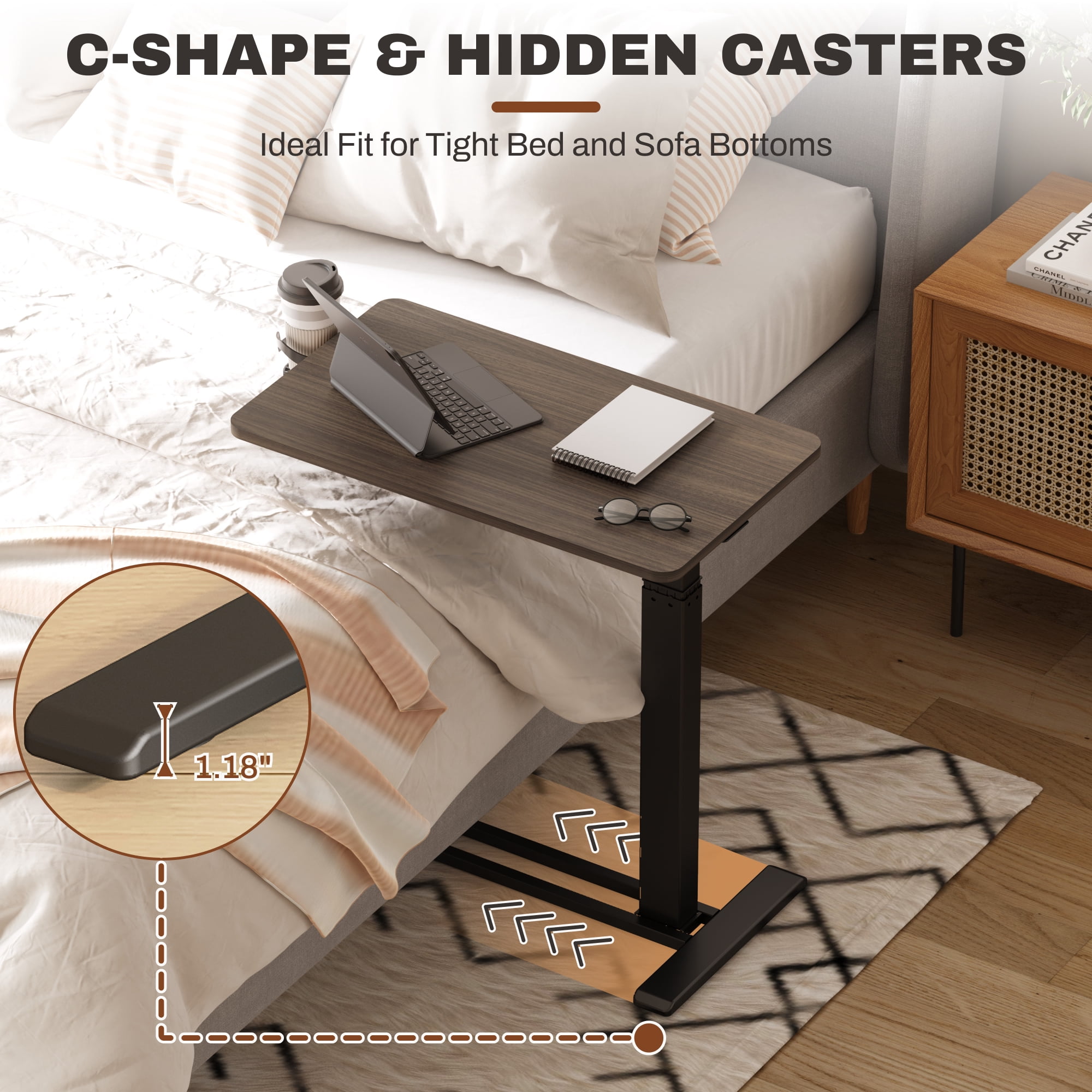 FitStand Height Adjustable Medical Bed Table with Hidden Casters, Rolling Laptop Desk with Cup Holder, Small Pneumatic Sit Stand Desk for Home Office, Sofa or Bedside Use, 28"x16", Walnut