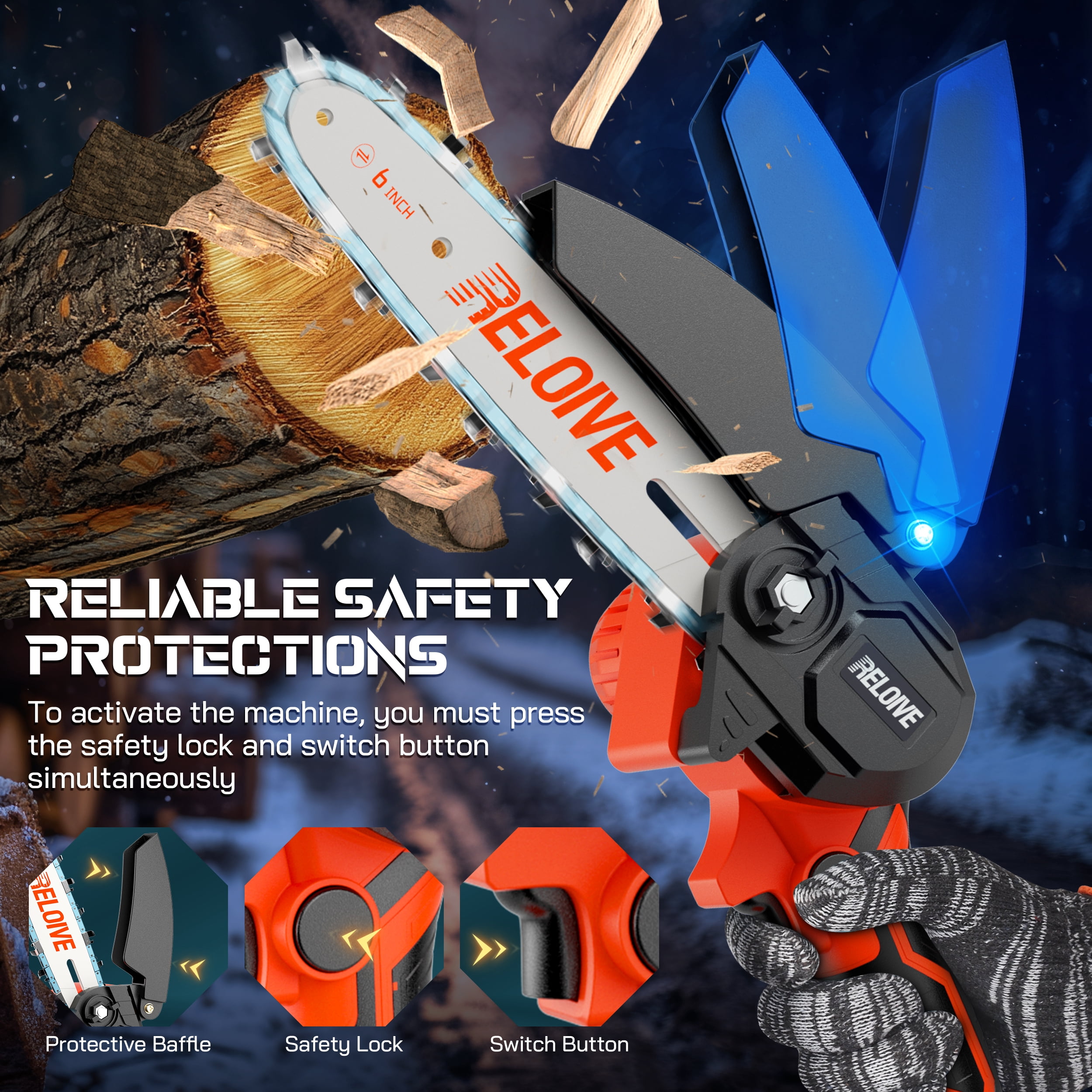 RELOIVE 6 in Mini Chainsaw with 2PCS 2.0 Ah Batteries 3 Chains,Cordless Small Handheld Chain Saw for Wood Cutting Tree Trimming